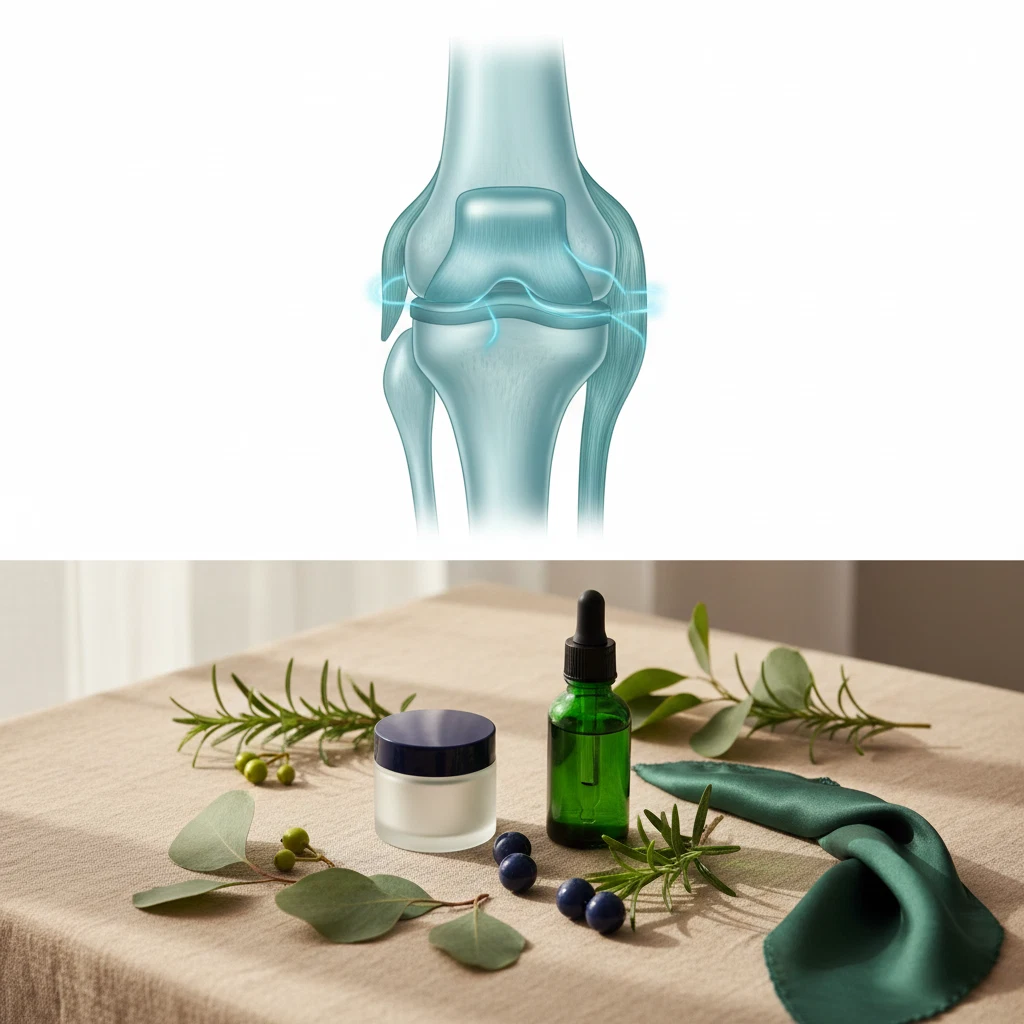 3D-illustration av knäledens brosk och ledvätska i blå-teal toner