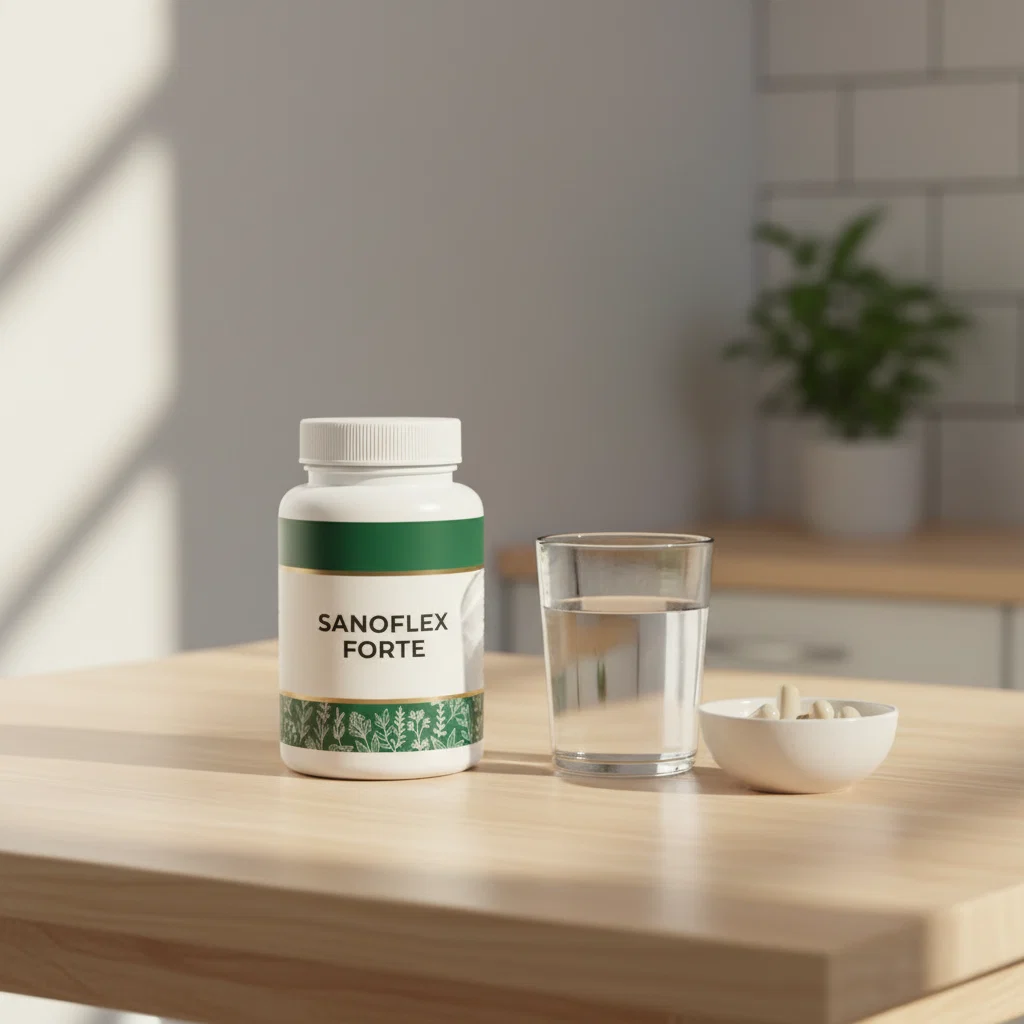 Sanoflex Forte förpackning med naturliga ingredienser: gurkmeja, boswellia och nypon